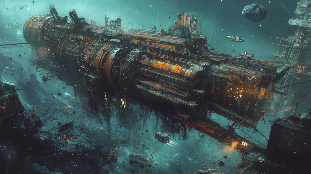 A large, rusty spaceship floating in a dark, moody space environment with scattered debris and glowing lights, surrounded by distant celestial bodies.